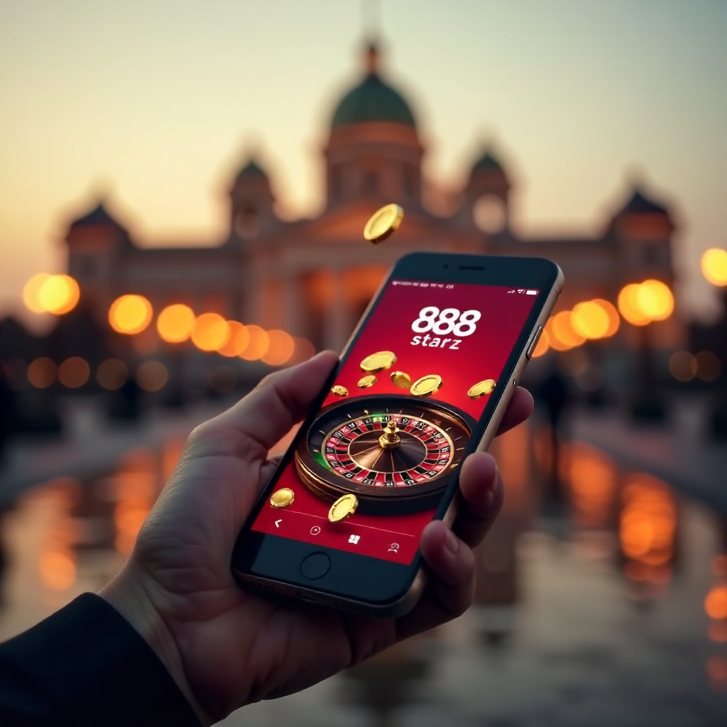 A premium smartphone held in a hand featuring the 888starz app, with the Palace of Culture and Science in Warsaw in the background, official red and white brand colors, 3D flying golden coins and roulette elements, cinematic lighting, 8k.